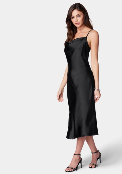 Bebe Satin Cowl Neck Slip Midi Dress In Black
