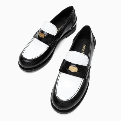 Shop Miu Miu Black/white Leather Penny Loafers Women