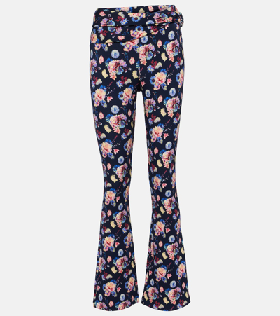 Rabanne Flower Print Flared Trouser In Navy Neon Flowers In Blue