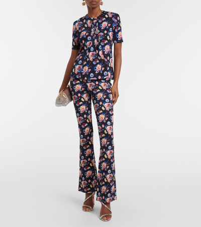 Rabanne Flower Print Flared Trouser In Navy Neon Flowers In Blue