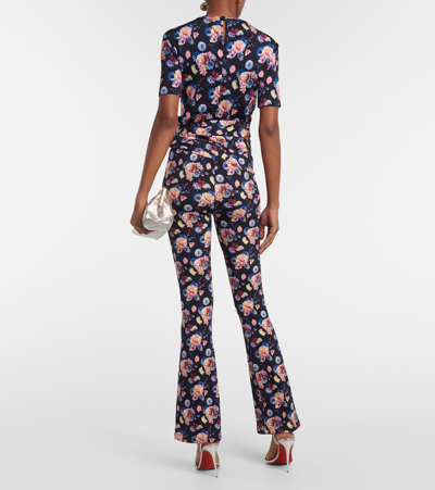 Rabanne Flower Print Flared Trouser In Navy Neon Flowers In Blue