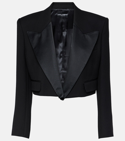 Shop Dolce & Gabbana Cropped Wool-blend Tuxedo Blazer In Black