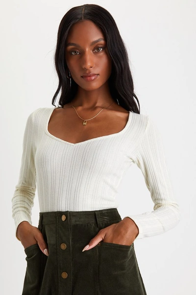 Shop Lulus Stylish Persona Ivory Pointelle Knit Long Sleeve Bodysuit