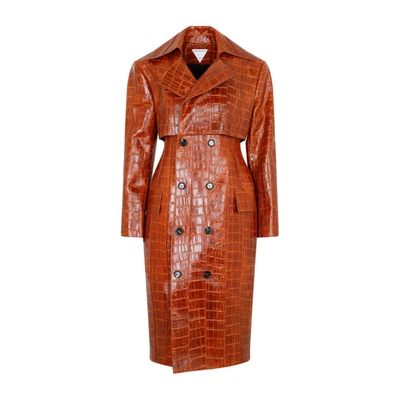 Bottega Veneta Women's Double-Breasted Croc-Embossed Leather Coat - Burnt Orange - Size 2