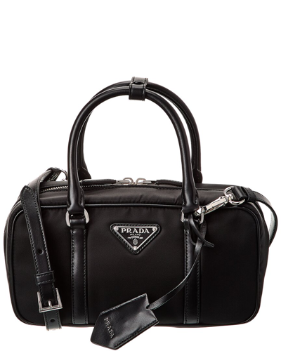 Shop Prada Logo Nylon & Leather Shoulder Bag In Black