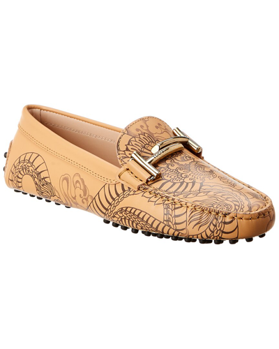 Shop Tod's Tattoo Dragon Printed Leather Loafer In Beige