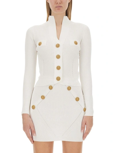 Shop Balmain Cardigan With Logoed Buttons In White