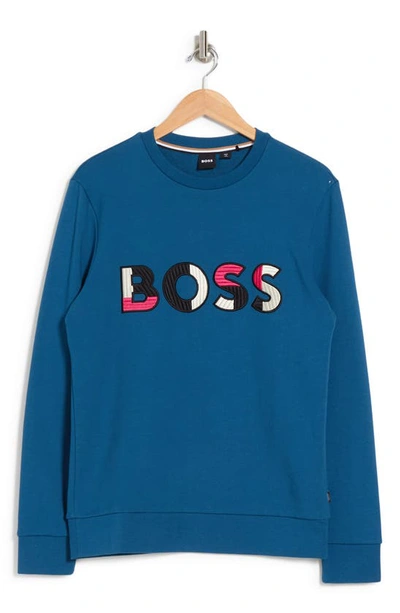 Shop Hugo Boss Boss Stadler Logo Crewneck Sweatshirt In Medium Blue