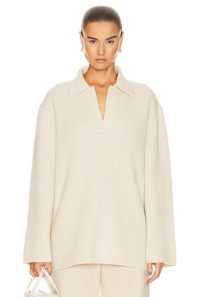 Shop Totême Ribbed Polo Knit Sweater In Macadamia