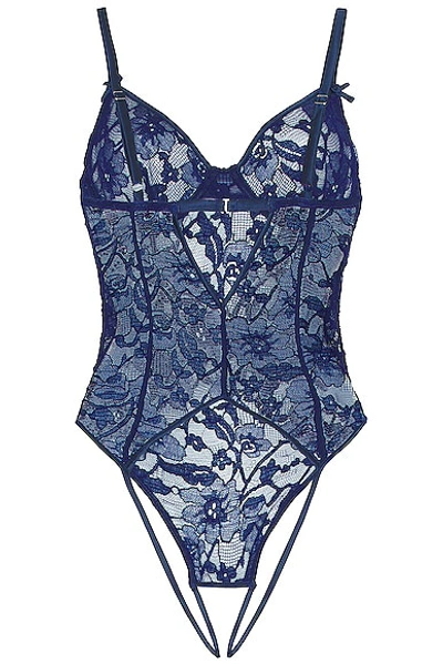 Shop Fleur Du Mal Magnolia Lace Ouvert Bodysuit In Nighttime Blue