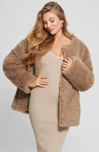 Guess Rebecca Faux Fur Coat In Light Brown