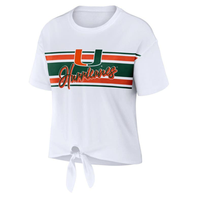 Wear By Erin Andrews White Miami Hurricanes Striped Front Knot Cropped T-shirt In White