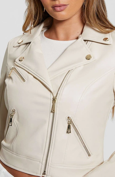 Shop Guess New Venom Faux Leather Crop Moto Jacket In White