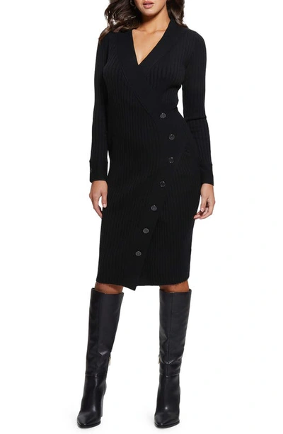 Shop Guess Asymmetric Button Long Sleeve Rib Sweater Dress In Jet Black
