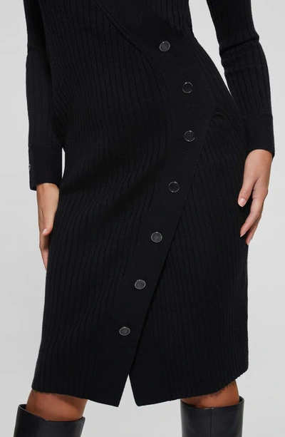 Shop Guess Asymmetric Button Long Sleeve Rib Sweater Dress In Jet Black