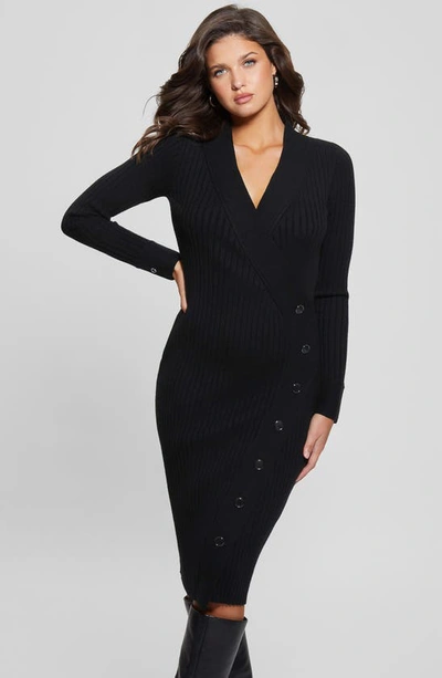 Shop Guess Asymmetric Button Long Sleeve Rib Sweater Dress In Jet Black