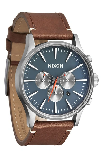 Shop Nixon Sentry Chronograph Leather Strap Watch, 42mm In Lt Gunmetal / Basalt / Sienna