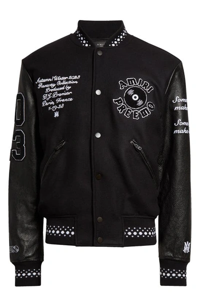 Shop Amiri X Premier Records Patch Leather Sleeve Wool Blend Varsity Jacket In Black