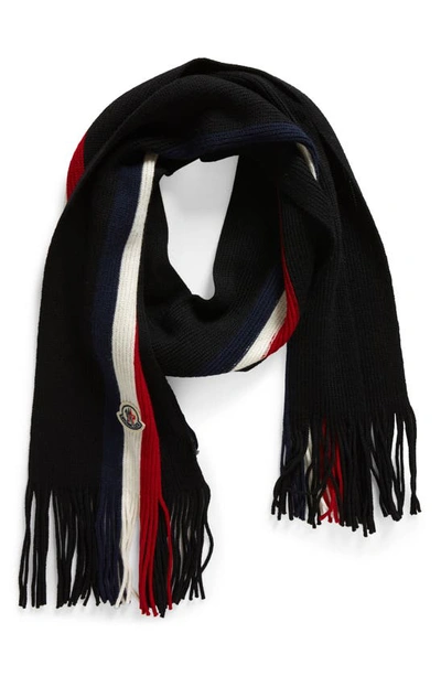 Shop Moncler Stripe Virgin Wool Scarf In Black
