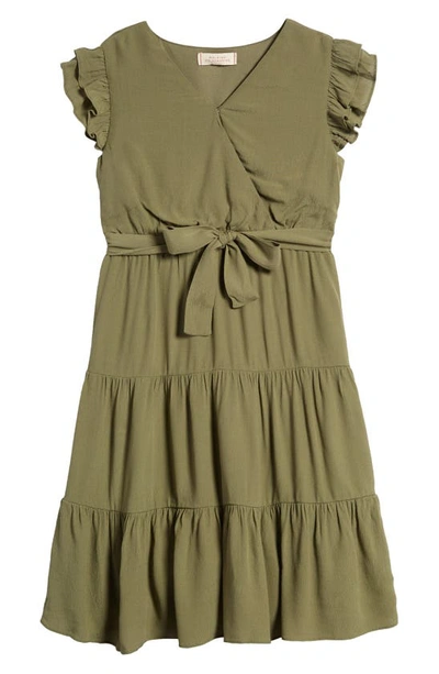 Shop Walking On Sunshine Kids' Tiered Ruffle Sleeve Dress In Olive