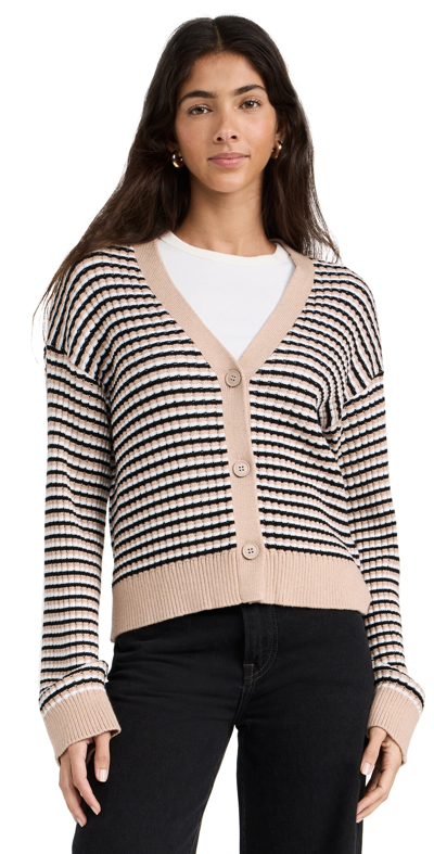 Shop Monrow Merino Wool Stripe Cardigan Dusk Winter/white Black Stripe