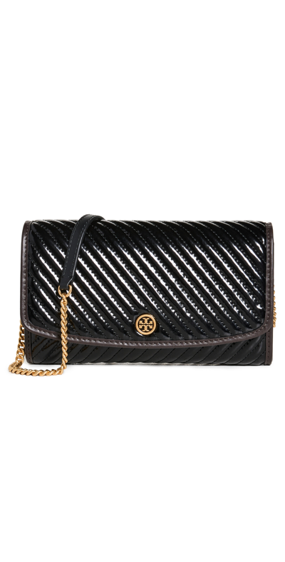 Shop Tory Burch Robinson Patent Puffy Quilted Chain Wallet Black