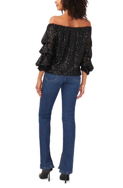 Shop Vince Camuto Sequin Off The Shoulder Bubble Sleeve Blouse In Rich Black