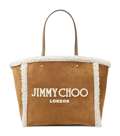 Shop Jimmy Choo Leather-shearling Avenue Tote Bag In Brown