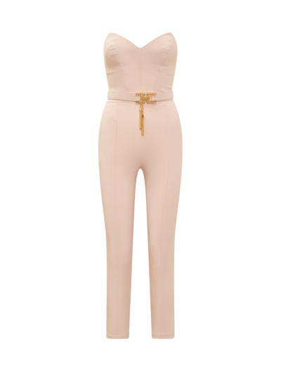 Shop Elisabetta Franchi Logo Belted Tassel Strapless Jumpsuit In Pink