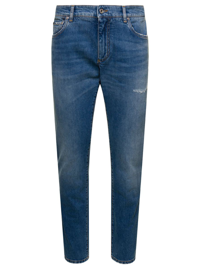 Shop Dolce & Gabbana Light Blue Five-pockets Slim Jeans With Logo Plaque In Stretch Cotton Denim Man