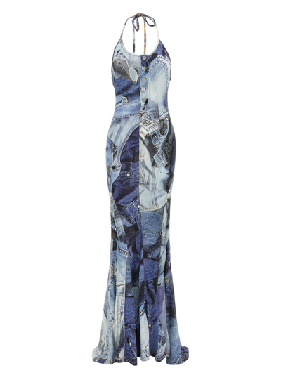 Shop Moschino Graphic Printed Halterneck Maxi Dress In Blue