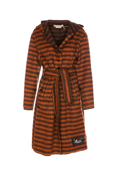 Shop Marni Belted Waist Striped Hooded Coat In Multi