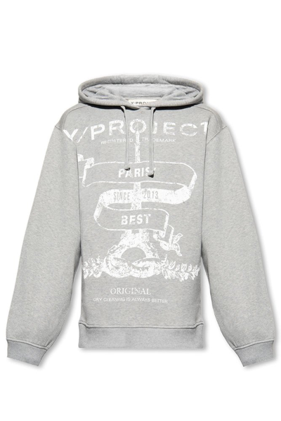 Shop Y/project Logo Printed Drawstring Hoodie In Grey