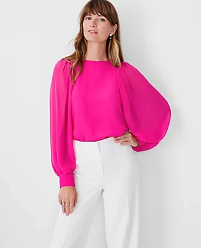 Ann Taylor Sheer Sleeve Popover Top In Rich Pink Berry