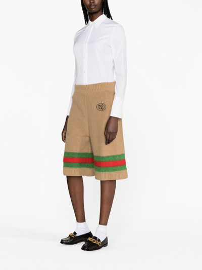 Shop Gucci Web Detail Wool Shorts In Brown