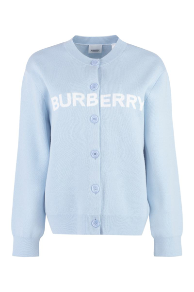 Shop Burberry Wool Knit Cardigan In Blue