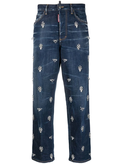 Shop Dsquared2 Crystal Flies High-rise Jeans In Navy Blue