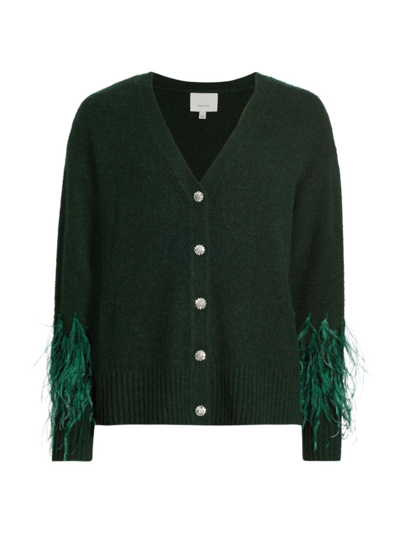 Shop Cinq À Sept Women's Briana Feather-trim Knit Cardigan In Dark Emerald