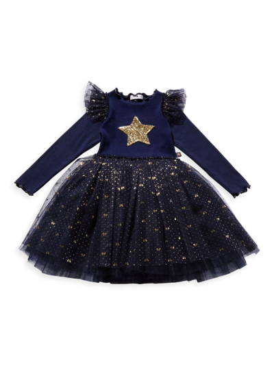 Shop Petite Hailey Little Girl's & Girl's Frill Star Long-sleeve Tutu Dress In Navy