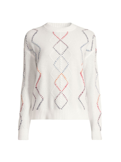 Shop Minnie Rose Women's Cash Fringe Cashmere Cable-knit Sweater In White Multi