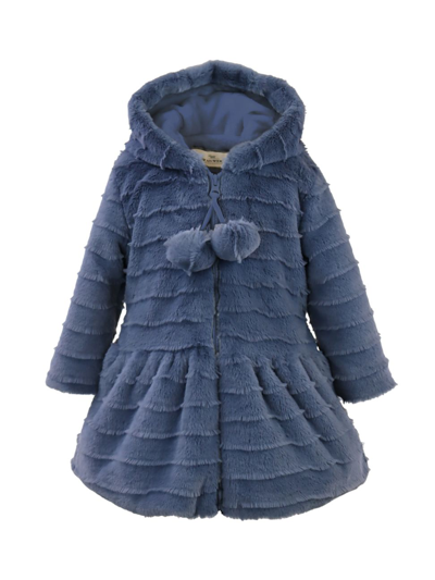 Shop Widgeon Little Girl's Pom-pom Hooded Faux Fur Coat In Navy Lash Stripe