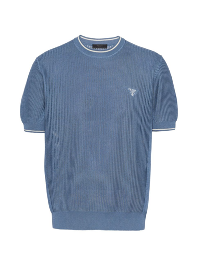 Shop Prada Men's Silk And Cotton Crew-neck Sweater In Blue