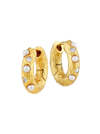 Shop Anni Lu Women's Iconic Gem In A Hoop 18k-gold-plated, Cubic Zirconia & Imitation Pearl Hoop Earrings In Yellow Gold