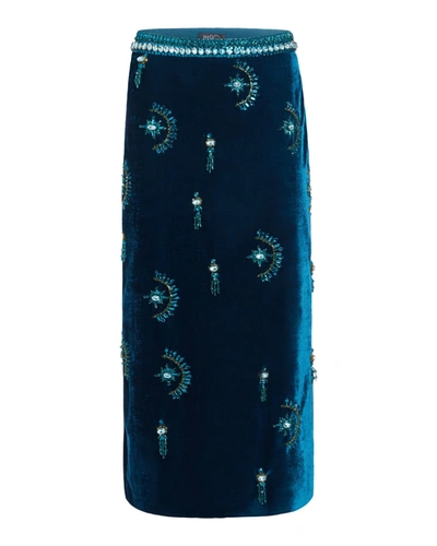 Shop Patbo Hand-beaded Velvet Midi Skirt In Blue
