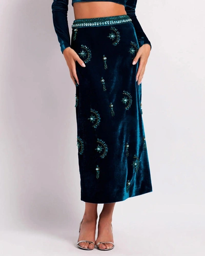 Shop Patbo Hand-beaded Velvet Midi Skirt In Blue