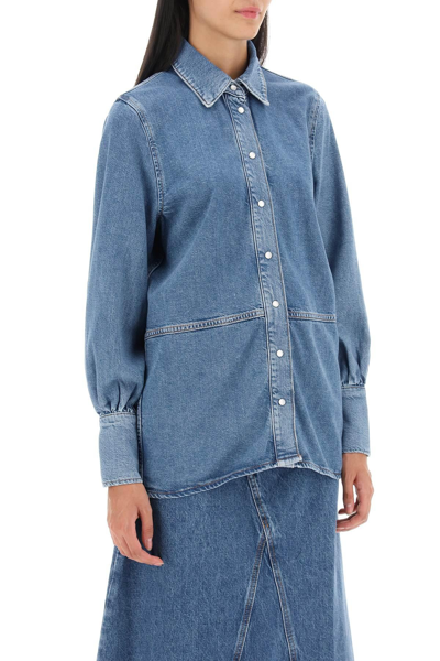 Shop Ganni Rhinestone-studded Lettering Denim Shirt In Light Blue