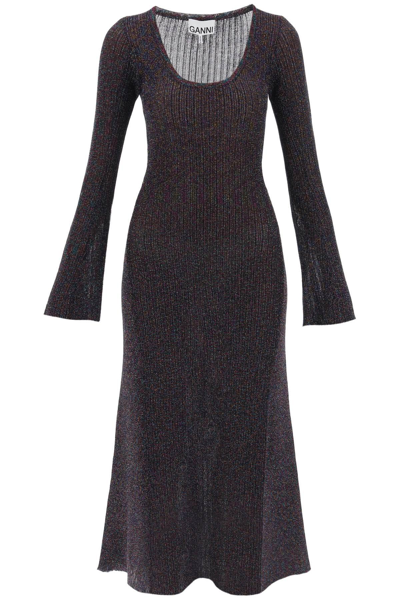 Shop Ganni Lurex-knit Midi Dress In Metallic,black