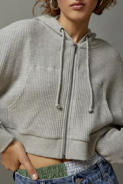 Shop Bdg Leah Waffle Knit Zip-up Hoodie Sweatshirt In Grey At Urban Outfitters