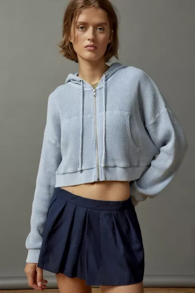 Shop Bdg Leah Waffle Knit Zip-up Hoodie Sweatshirt In Blue At Urban Outfitters