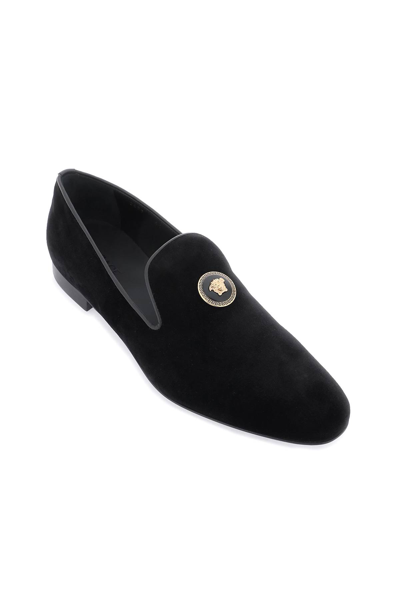 Shop Versace Velvet Medusa Loafers In Black  Gold (black)